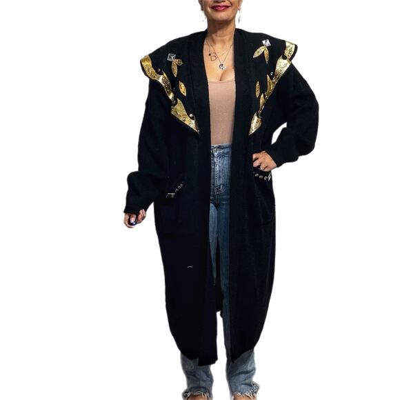 Black Long Line Gold Trim Open Front Vintage Cardigan Sz O/S - Picture 1 of 13